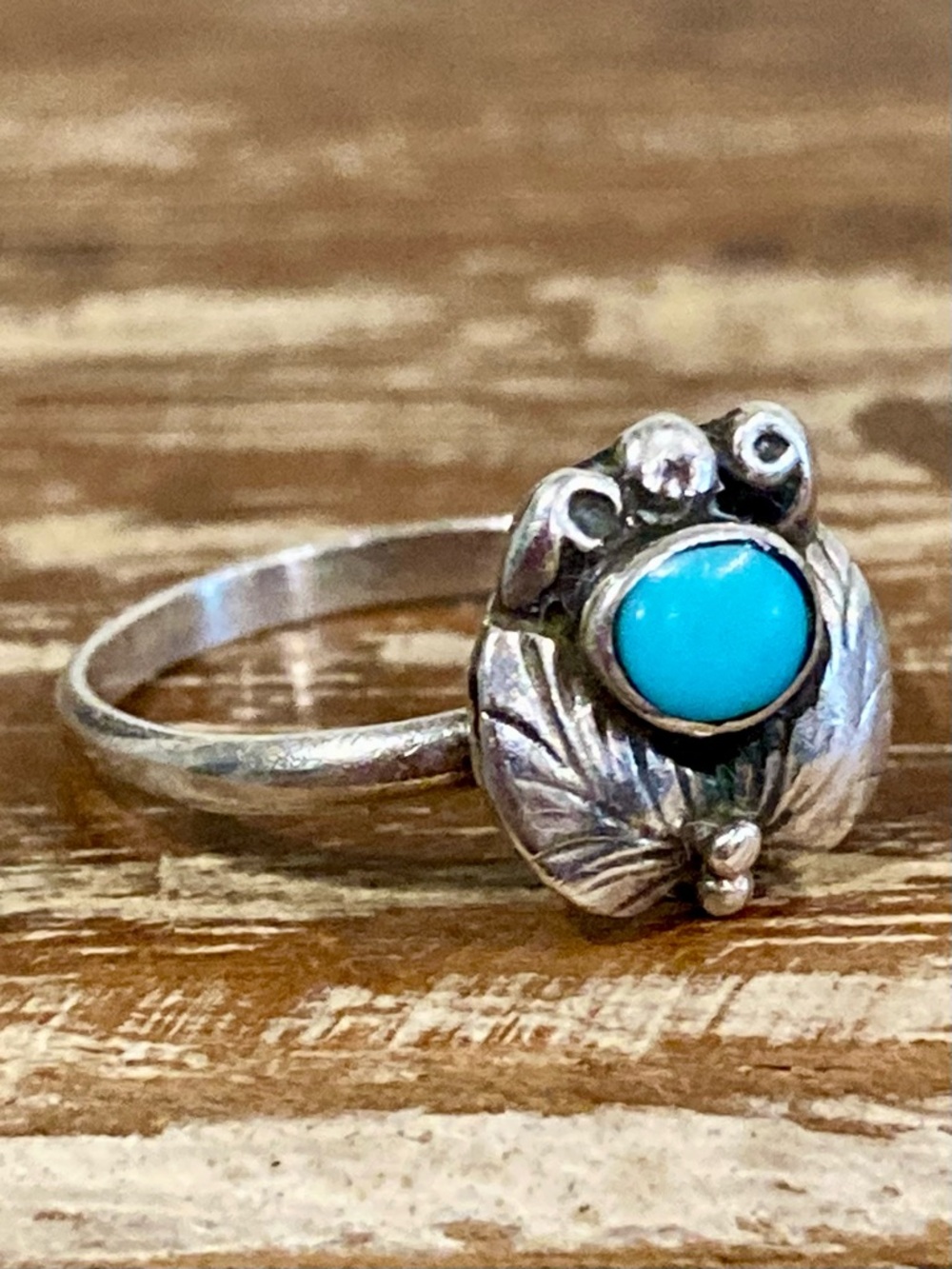 Super Tiny Silver Tone Ring with Turquoise Colored Center • Size 2.25 - Picture 11 of 16